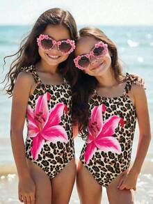 Emery Rose Kids Emery Rose Kids Tween Girl Floral & Leopard Print Bowknot One-Piece Swimsuit, Summer Beach Vacation - Brown - View 1