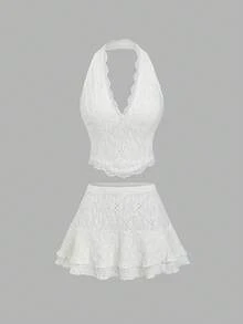 Sweetra Sexy Sleeveless Spaghetti Strap Knit Jacquard Contrast Lace + Ruffle Hem Mini Skirt Two Pieces Set, Bohemian Style For Summer Vacation - Pink - View 1