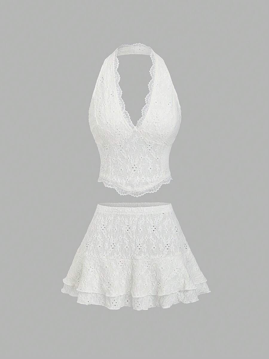 Sweetra Sexy Sleeveless Spaghetti Strap Knit Jacquard Contrast Lace + Ruffle Hem Mini Skirt Two Pieces Set, Bohemian Style For Summer Vacation - Pink - View 1