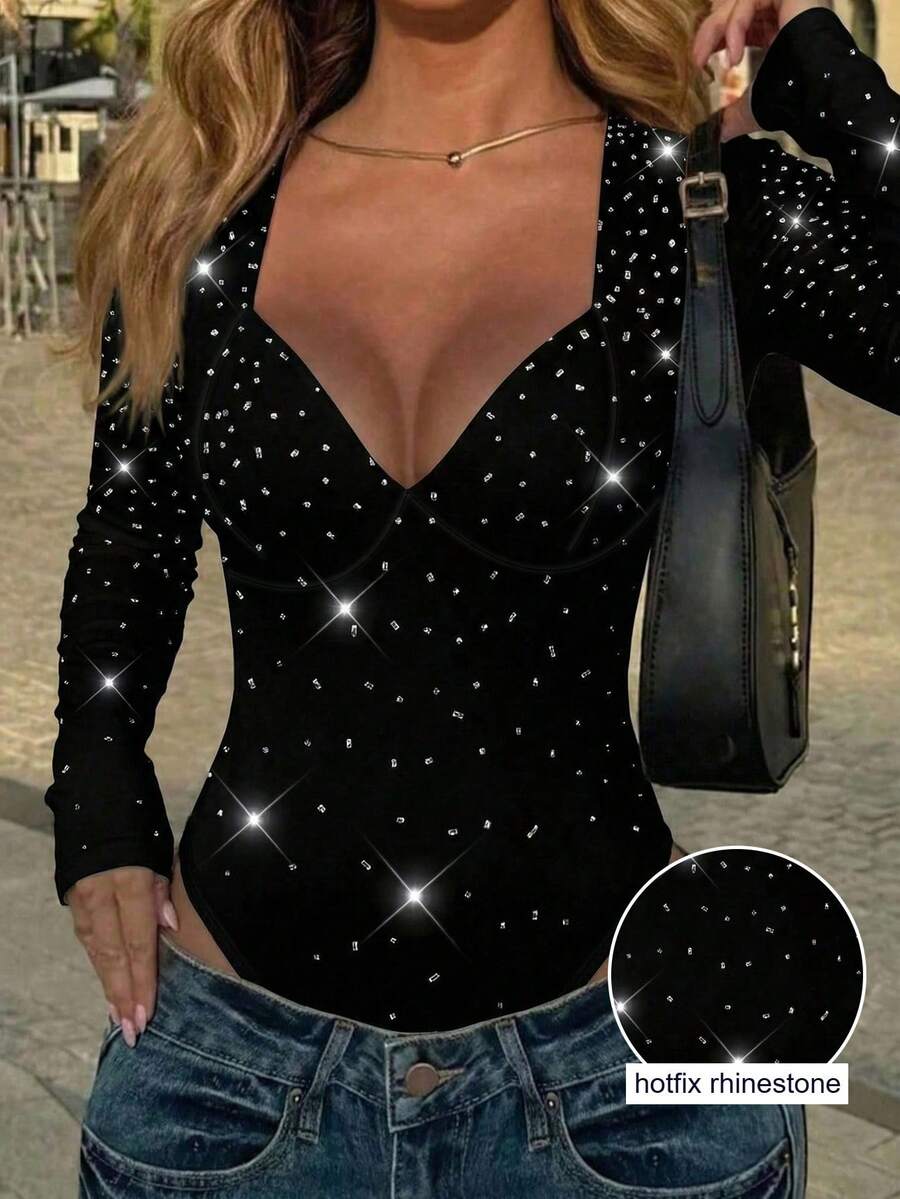 Rovax 闪亮水钻时尚性感女士连体衣 - 黑色 - 查看 1