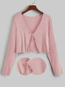 Sunspun Plus Size Women's Sexy Lightweight Tie-Front Cardigan, Long Sleeve, Versatile Pink T-Shirt, Spring/Summer/Autumn - Pink - View 1