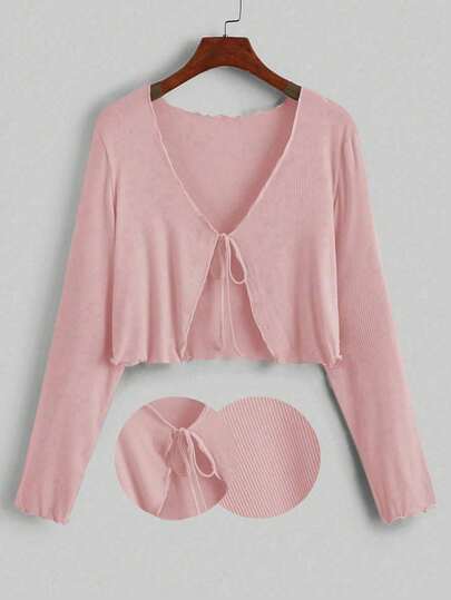 Sunspun Plus Size Women's Sexy Lightweight Tie-Front Cardigan, Long Sleeve, Versatile Pink T-Shirt, Spring/Summer/Autumn