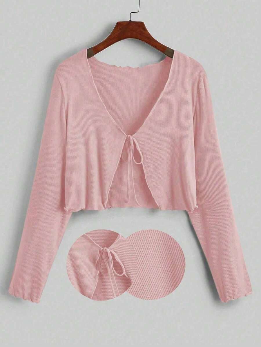 Sunspun Plus Size Women's Sexy Lightweight Tie-Front Cardigan, Long Sleeve, Versatile Pink T-Shirt, Spring/Summer/Autumn - Pink - View 1