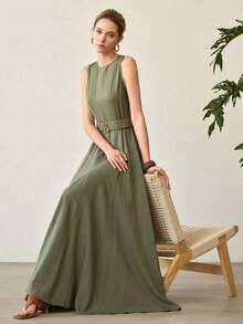 MOTF PREMIUM WOMEN'S LONG LINEN ROUND NECK SLEEVELESS FLARED HEM SPLIT WAIST CLASSIC ELEGANT VERSATILE VACATION PASTORAL ELEGANT DRESS, SPRING/SUMMER - Dark Green - View 4