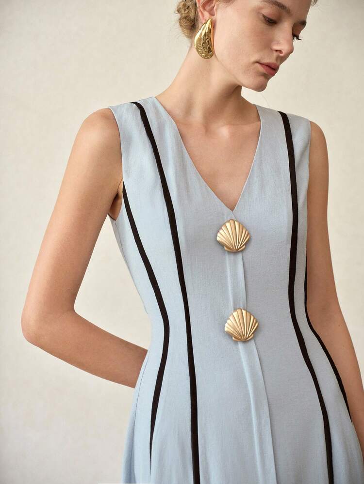 WOMEN'S BLUE CONTRAST COLOR SHELL DECOR WAIST SLEEVELESS DRESS, SUMMER