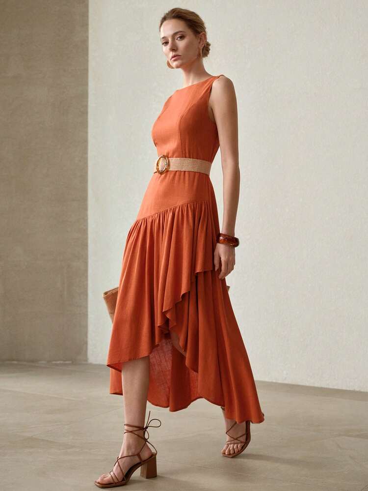ASYMMETRIC FLOWY HEM SLEEVELESS DRESS WITHOUT BELT