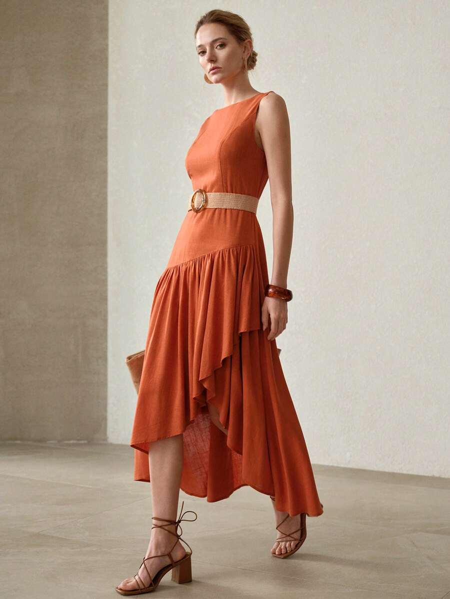 MOTF PREMIUM ASYMMETRIC FLOWY HEM SLEEVELESS DRESS WITHOUT BELT - Redwood - View 2