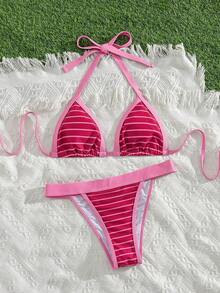 Swim Mod 2pcs/Set New Striped Print Halter Sexy Elegant Vacation Bikini Set, Suitable For Beach, Pool, Party - Multicolor - View 4