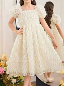 Tween Girl Elegant Puff Sleeve Round Neck Sweet Cute Dress - Black - View 3