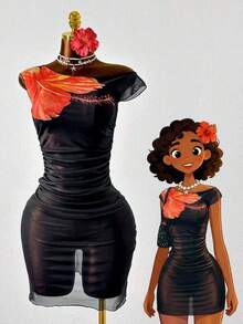 Zestiva Women's Floral Print Ruched Asymmetric-Shoulder Fitted Long Beach Cover Up Dress, Spring/Summer - Black - View 3