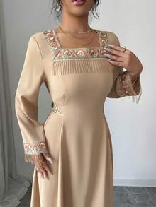 Yasmyna Women's Elegant Minimalist Square Neck Tassel Tie Waist Long Sleeve Summer Formal Evening Embroidered Asymmetric Khaki Woven Dress - Khaki - View 9