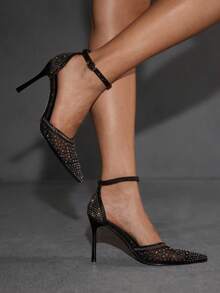 CUCCOO SZL Giày cao gót mũi nhọn màu sâm panh đính đá và lưới, giày dự tiệc cưới sang trọng lấp lánh dành cho nữ. - Than chì đen - Xem 3