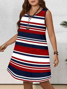 EMERY ROSE Plus Size Women Casual Minimalist Round Neck Sleeveless Striped Nautical Style Tennis Dress, Suitable For Summer - Multicolor - View 6