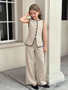 SHEIN Tween Girl Casual Contrast Binding Button Single-Breasted Sleeveless Top And Pants Set, Spring/Summer