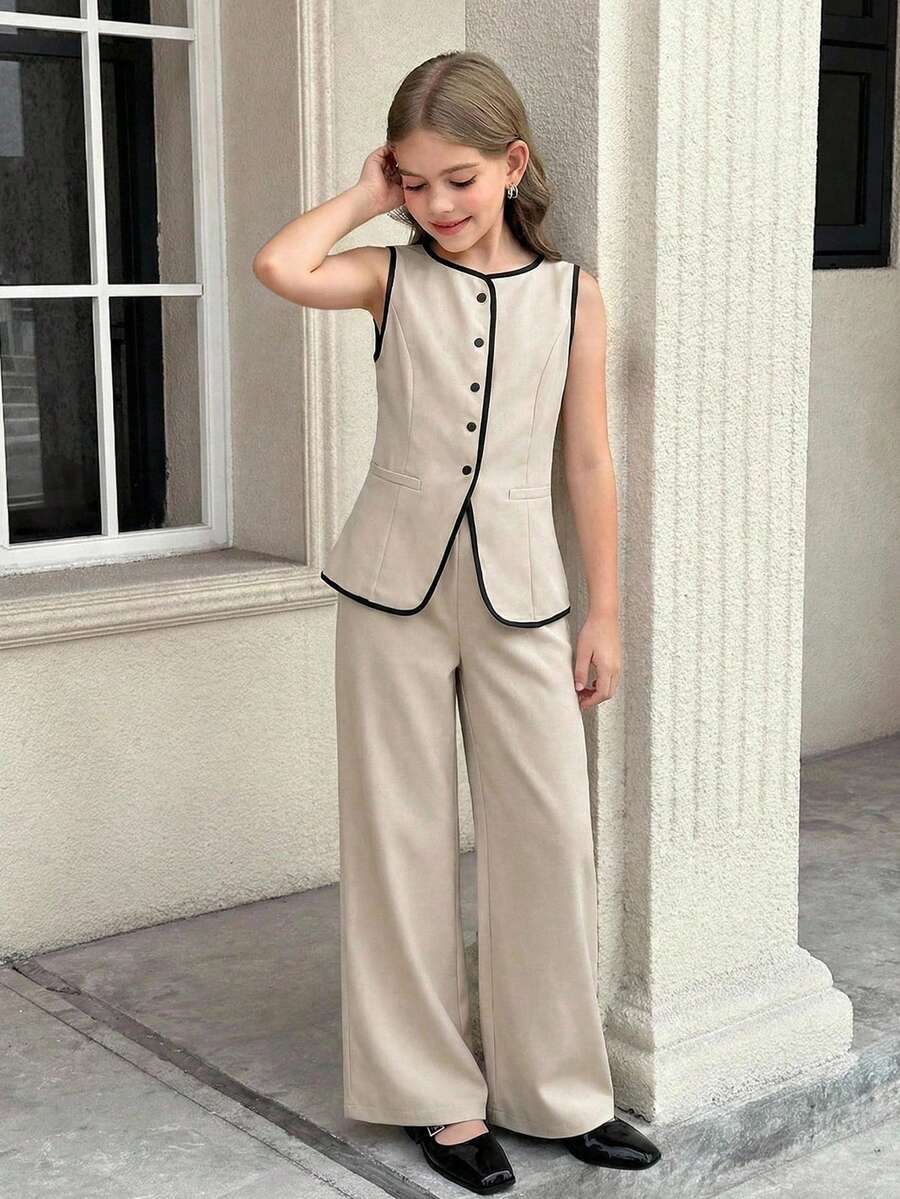 SHEIN Tween Girl Casual Contrast Binding Button Single-Breasted Sleeveless Top And Pants Set, Spring/Summer