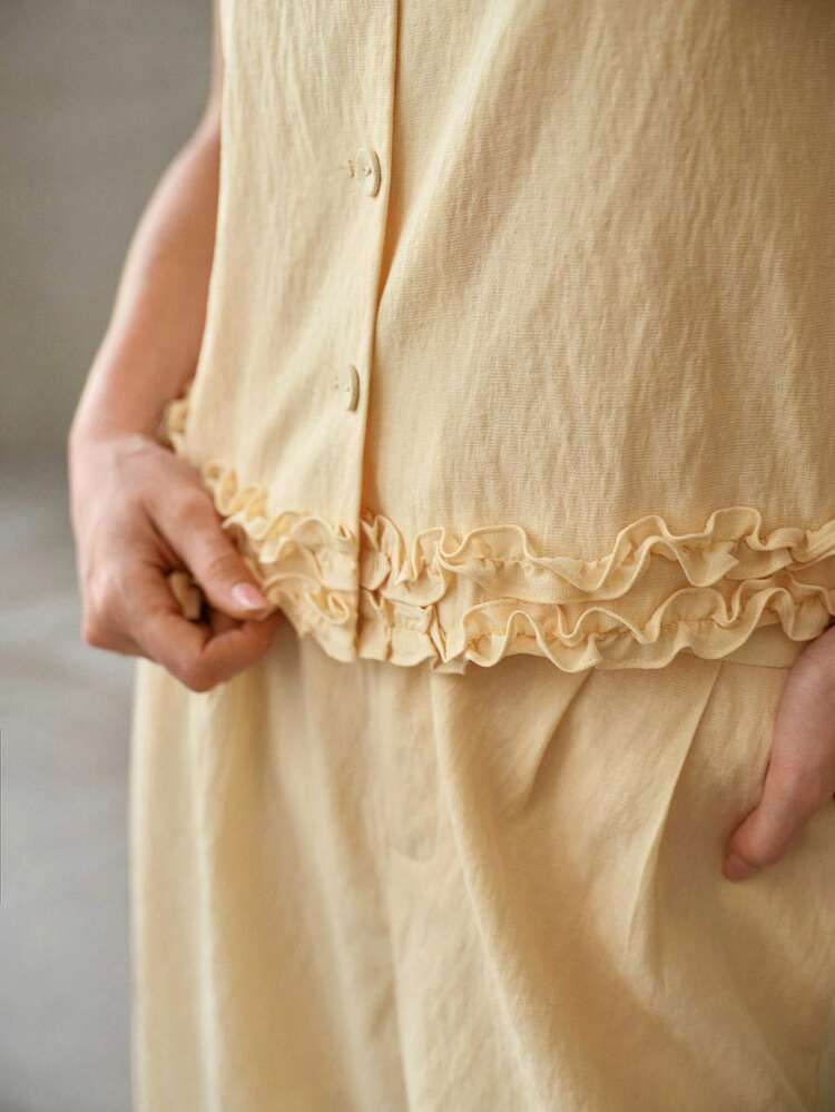 SOLID SINGLE BREASTED PLACKET LAYERED FRILL HEM SLEEVELESS BLOUSE & WIDE LEG PANTS SET