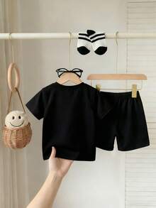 SHEIN Playful Pals 2件套婴幼儿男女通用0-3岁男童女童单色印花短袖T恤和短裤套装，舒适休闲日常时尚运动服，适合室内、室外、日常、运动、玩耍、聚会、摄影、度假、街头服饰等场合。 - 彩色 - 查看 2