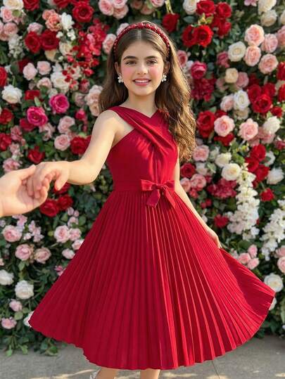 SHEIN 1 chiếc đầm ôm dáng thanh lịch dệt kim cổ yếm chéo, vạt xếp ly cho bé gái, thích hợp mặc hàng ngày, dự tiệc, tiệc chiêu đãi, đêm giao thừa, màu đỏ.