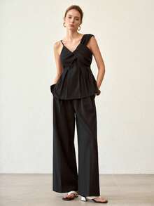 MOTF PREMIUM WOMEN'S ASYMMETRIC SHOULDER SLEEVELESS BABYDOLL DENIM TOP AND WIDE LEG JEANS TWO PIECES SET - Blue - View 4