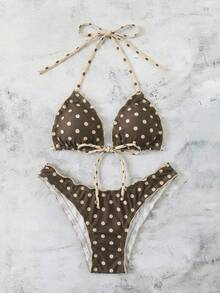 Swim Mod Bộ bikini 2 mảnh mùa hè dành cho nữ, họa tiết chấm bi, dây đeo gợi cảm, thắt nơ, thích hợp cho kỳ nghỉ biển. - màu nâu - Xem 8