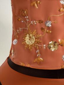 EgrlEra 女士串珠刺绣系带露背性感比基尼三件套，沙滩度假赤陶色半身裙，橙色碎花半身裙，焦橙色半身裙，锈红色半身裙 - 橘色 - 查看 7