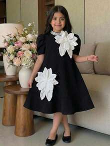 SHEIN 少女寬鬆優雅小立領無袖拼色3D花朵裝飾洋裝 - 黑色 - 查看 4