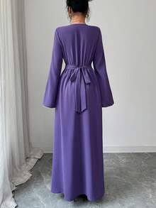 Al Najma Women's Elegant V-Neck Long Sleeve Arabic Style Dress - Purple - View 3