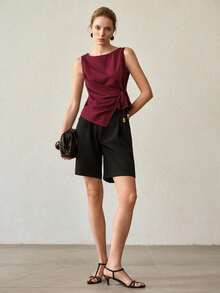 MOTF PREMIUM STYLISH TIE-UP BEADED RUCHED SLEEVELESS SLIM FIT TANK TOP - Violet Purple - View 7