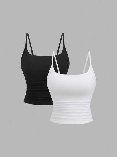 SHEIN LUNE Women's Casual Minimalist Square Neck Sexy Black & White Camisole, Spring/Summer Tank Tops Women Spaghetti Strap