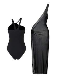 Swim Oasis 春夏黑色针织面料杏色花卉点缀单肩镂空露背修身连体泳衣，搭配黑色网纱单肩褶皱高开衩长裙，高级时尚女式泳装 - 黑色 - 查看 2