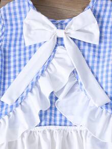 Sparklyn Bộ đồ dễ thương cho bé gái tuổi teen: áo tank top và quần short kẻ caro phối bèo nhún, có nơ trang trí. - Xanh và trắng - Xem 5