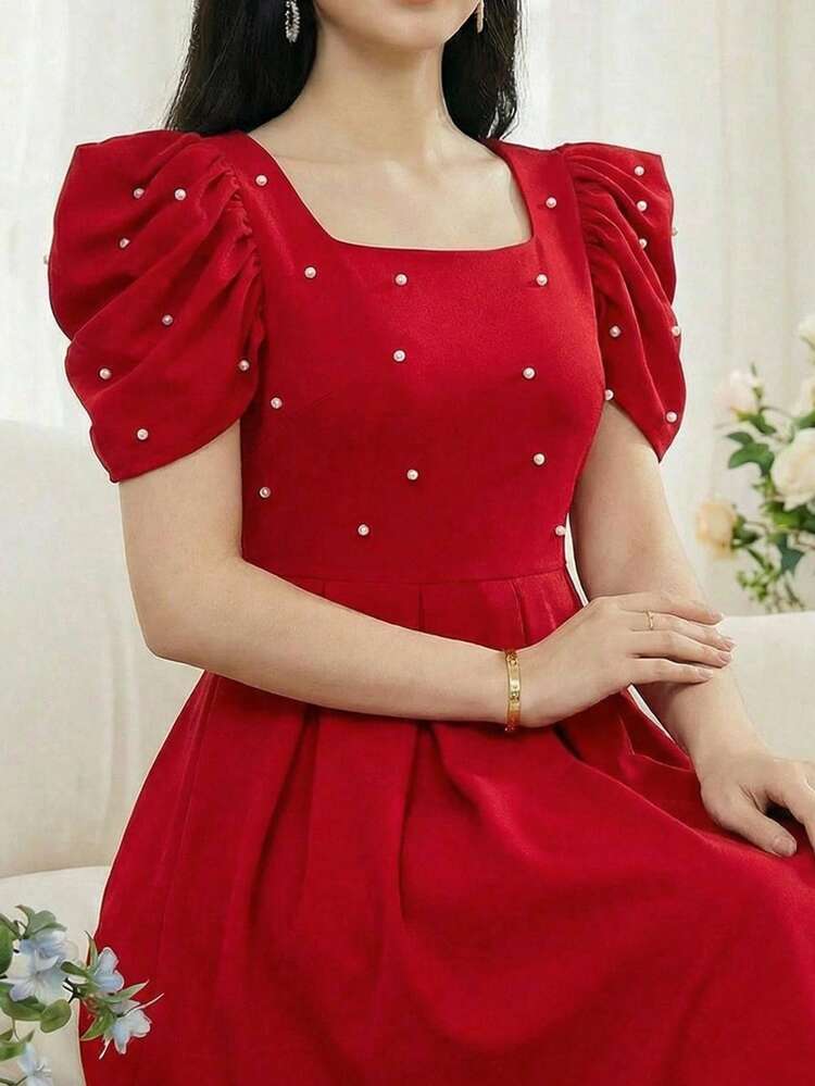 Vestido de línea A con cuello cuadrado, mangas gigot y decoración de perlas para niña adolescente elegante - Rojo - Añade 3