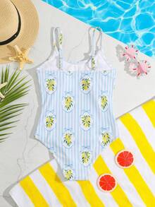 SHEIN 1 pieza Traje de baño de una sola pieza de tela de punto cómoda y de secado rápido con estampado aleatorio de rayas de limón, adecuado para playa, piscina, surf, vacaciones y viajes de verano para niñas - Multicolor - Ver 3