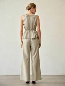 MOTF PREMIUM Elegante y de moda, conjunto de 2 piezas de top sin mangas con pliegues plegados y cinturón, con pantalones de pierna ancha, para verano - verde menta - Ver 3