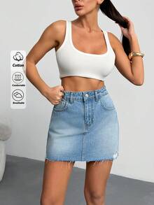 EURMUSE Low Waist Ripped Snow Wash Denim Skirt - Light Wash - View 3