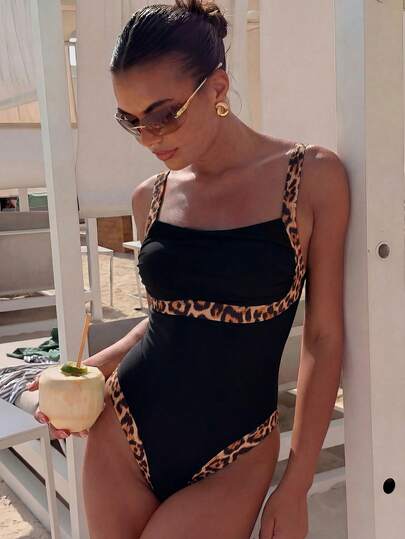 Bonvoyette Women's Leopard Print Patchwork Sexy One-Piece Swimsuit For Beach Vacation One Piece Swimsuit Black Leopard Swimsuit Leopard Swimsuit Cheetah Print Swimsuit Leopard Print One Piece