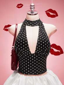 SHEIN ICON 大码女式波点镂空性感吊带背心 - 黑與白 - 查看 3