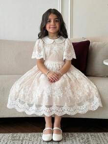 SHEIN Tween Girl Elegant Doll Collar Mesh Embroidered Fabric Dress - White - View 4