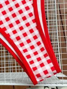 Swim Mod 2026 New Spring/Summer Women 2pcs Random Plaid Print Bandeau Bikini Bottoms Beach Vacation Casual Cute Sexy Micro Bikini Set Set - Red and White - View 4