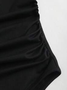 SHEIN LUNE Women's Square Neck Casual Minimalist Short Sleeve Bodysuit, Spring/Summer Fitted Bodysuit - Black - View 4