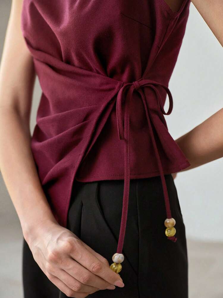 STYLISH TIE-UP BEADED RUCHED SLEEVELESS SLIM FIT TANK TOP