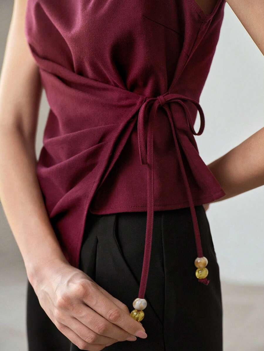 MOTF PREMIUM STYLISH TIE-UP BEADED RUCHED SLEEVELESS SLIM FIT TANK TOP - Violet Purple - View 2