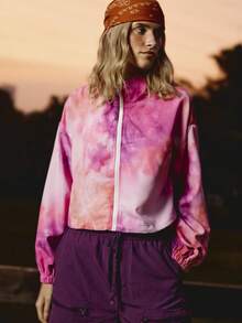 SHEIN Unity Women's Tie-Dye Print Open Front Batwing Sleeve Zip Hem Drawstring Casual Outdoor Sports Jacket, Summer/Autumn - Hot Pink - View 6