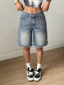 SHEIN Women's Fashion Casual Rhinestone Embellished Wide Leg Denim Shorts - Light Wash - View 6