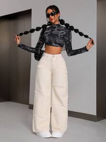 EMERY ROSE Plus Size Women High Waist Frayed Hem Wide Leg Loose Casual Jeans - Beige - View 5