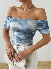 Glamine Áo thun tay ngắn trễ vai xếp ly, in họa tiết nhuộm tie-dye thanh lịch, thích hợp cho mùa hè. - Màu xanh bụi bặm - Xem 5