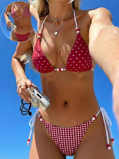Swim Mod Nuevo bikini sexy de mujer con cuello de halter, lunares rojos y perlas