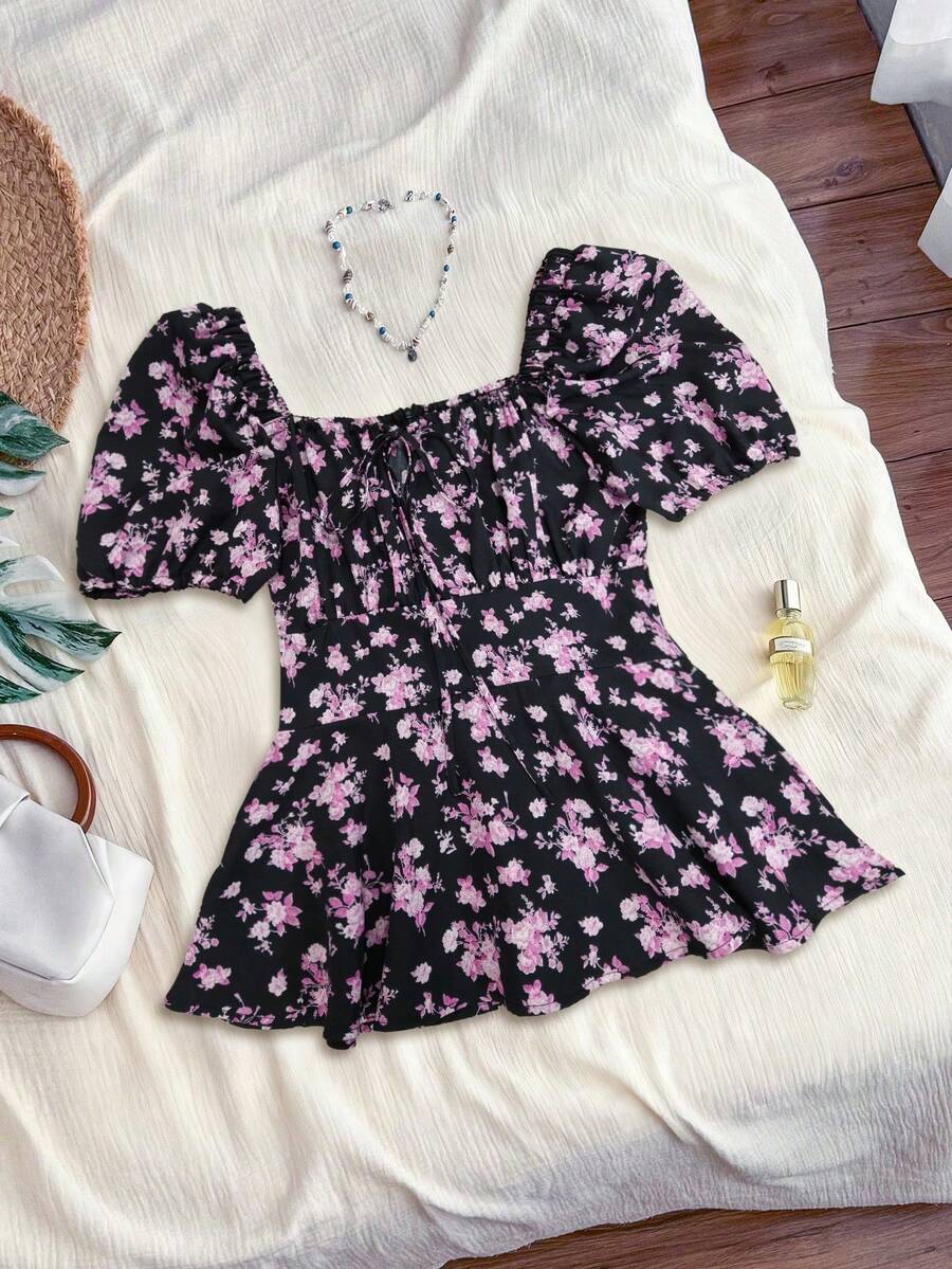 Trelyra 休闲 - 度假休闲系带随机印花花卉衬衫 - 紫丁香色 - 查看 1