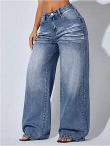 SHEIN Jeans rectos y sueltos de moda para mujer - Azul lavado medio - Ver 4