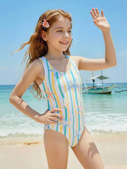 1pc Girls' Cute Starfish Print Swimsuit, Minimalist & Fashionable, Quick-Dry Comfortable Knit Fabric One-Piece, Suitable For Beach, Pool, Surfing, Vacation, Summer Beachwear Kids Swimsuit With Stripes Pattern Young Girls One Piece Swimsuit Swimsuit 12 Years Old Girl Swimsuit With Starfish Pattern